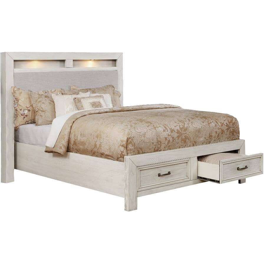 MAZIN FURNITURE:Darcy Queen Storage Bed with Upholstered Headboard & LED Lights - Antique White