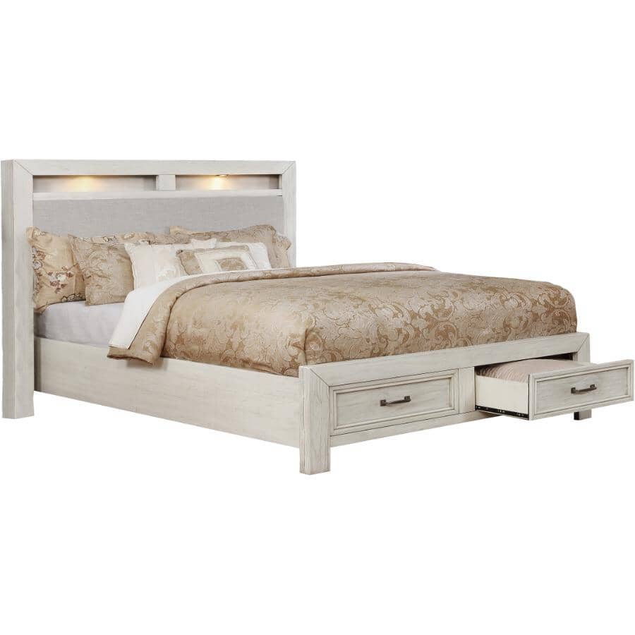 MAZIN FURNITURE:Darcy King Storage Bed with Upholstered Headboard & LED Lights - Antique White