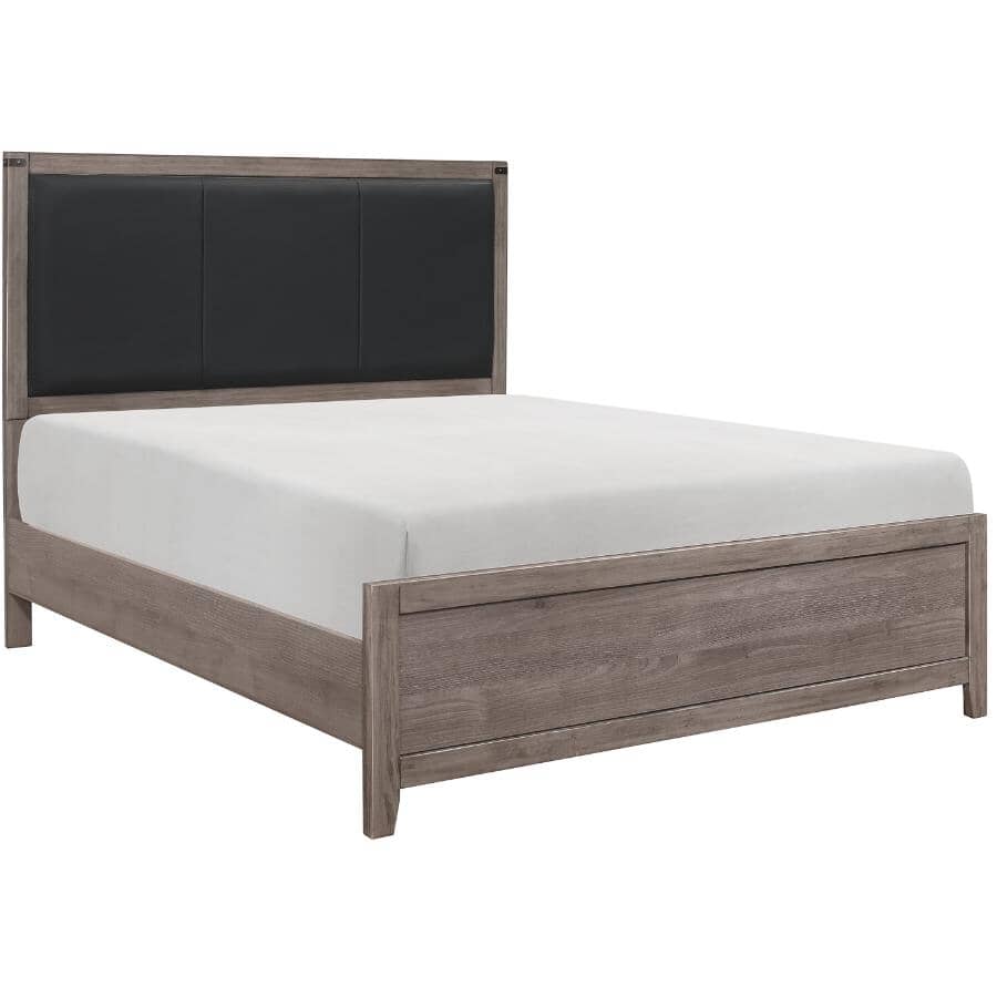 MAZIN FURNITURE:Woodrow Full Bed with Black Faux Leather Upholstered Headboard - Weathered Grey
