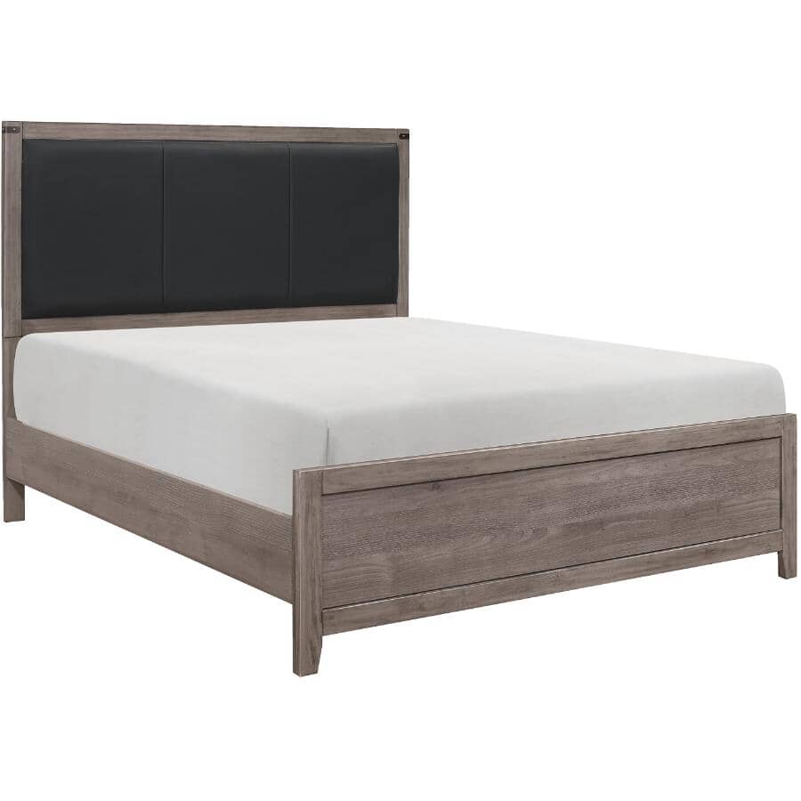 MAZIN FURNITURE:Woodrow Queen Bed with Black Faux Leather Upholstered Headboard - Weathered Grey