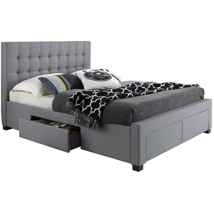 TITUS:Grey Platform Queen Size Bed, with 4 Storage Drawers