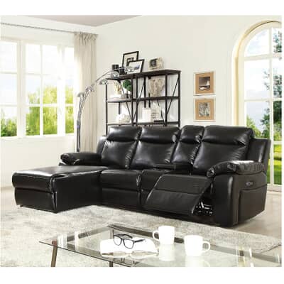 2 Piece Black Leather Gel Power Sofa, Leather Power Sectional Sofa