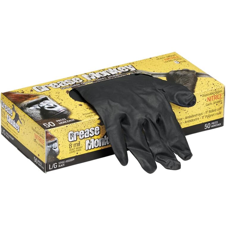 50 Pack Men's Large Black Grease Monkey Nitrile Disposable Gloves