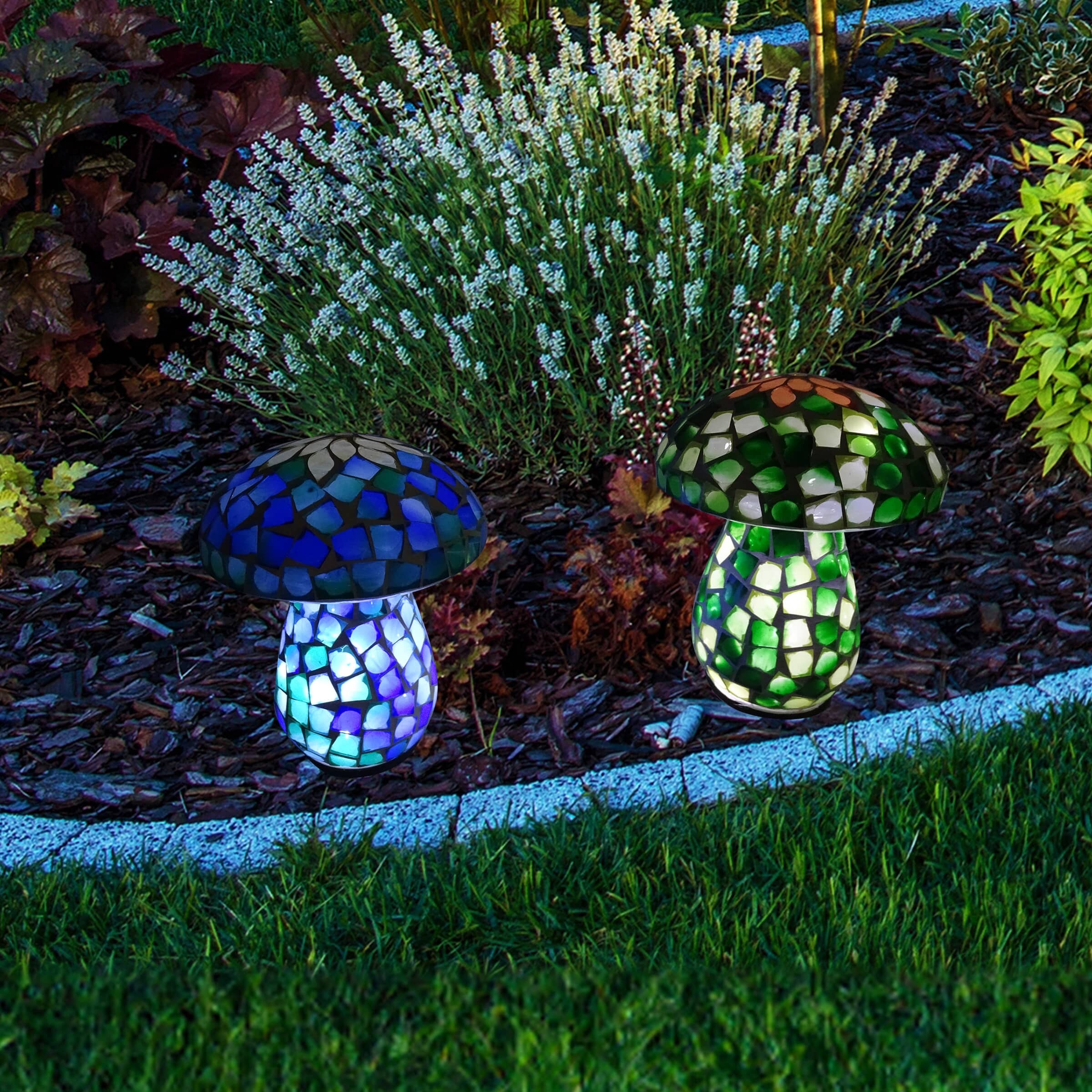 ALPINE Battery Operated Mosaic Glass Mushroom Lawn Ornament with LED ...
