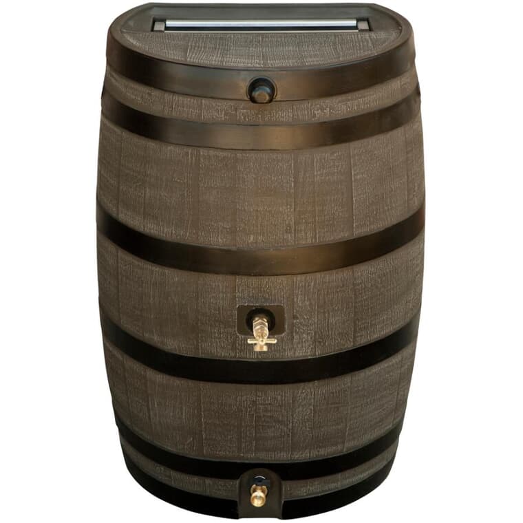 Baril collecteur d'eau de pluie à dos plat de 50 gallons en polyéthylène avec robinet double en laiton fini grain de bois avec bandes noires