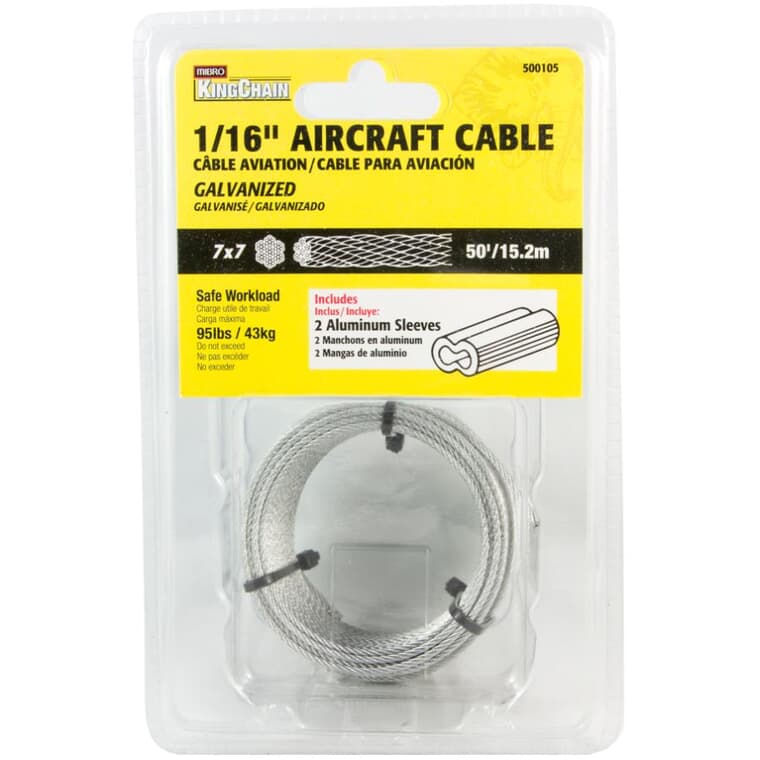 Câble qualité aviation galvanisé de 1/16 po x 50 pi, 7 x 7 brins
