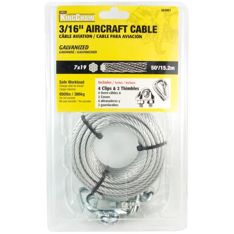 Câble qualité aviation galvanisé de 3/16 po, X 50 pi 7 x 19 brins