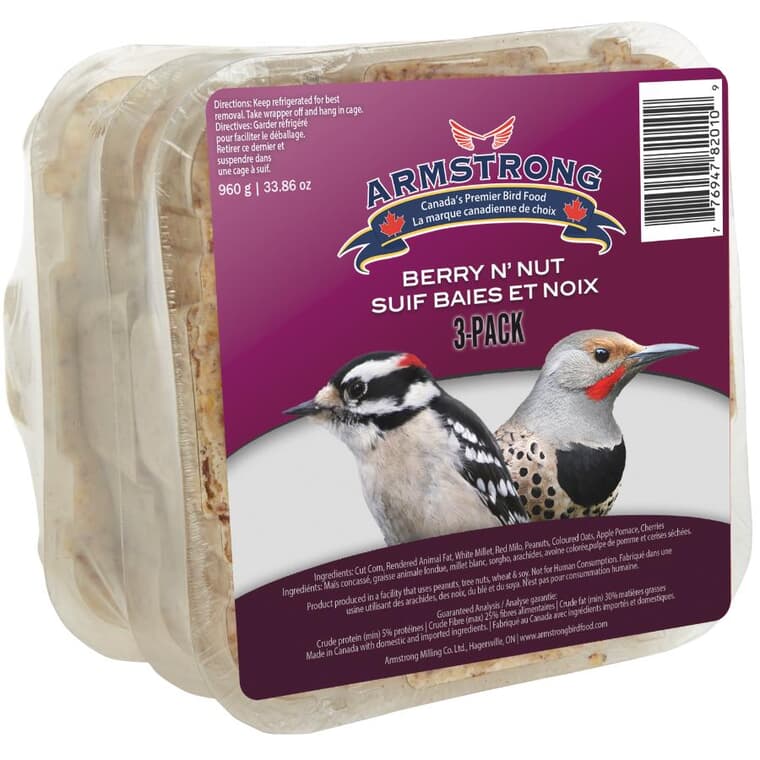 Paquet de 3 pains de suif, fruits et noix pour oiseaux, 312 g