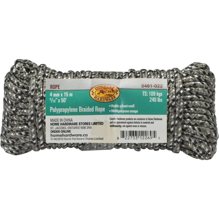 5/32" x 50' Polypropylene Braided Black and White Camouflage Coloured Rope