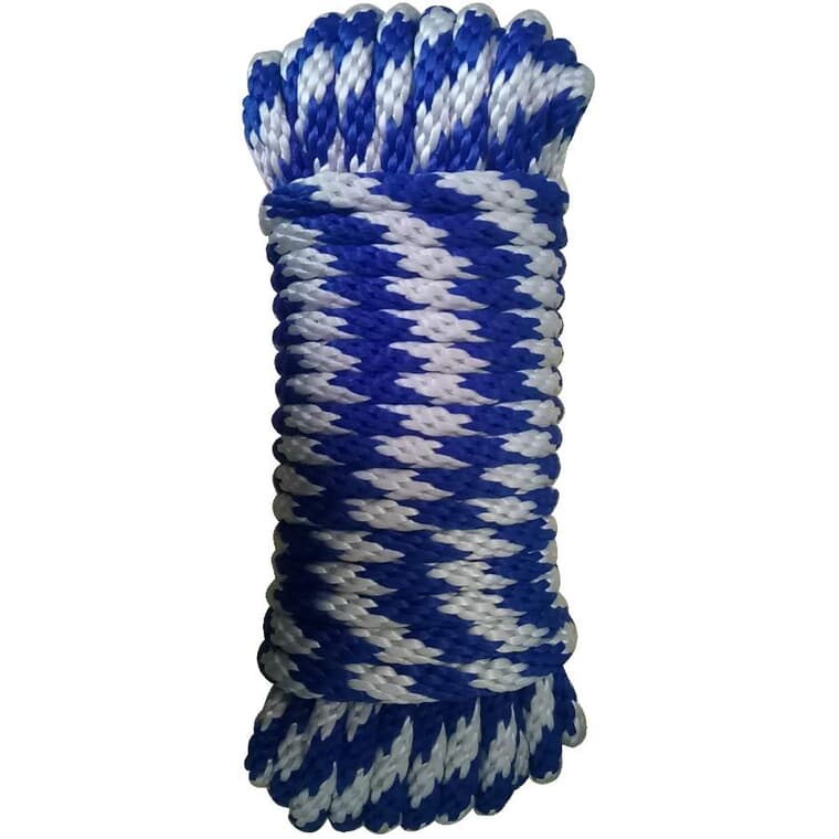 Corde de polypropylène, tressée en losange, blanche et bleue, 3/8 po x 50 pi