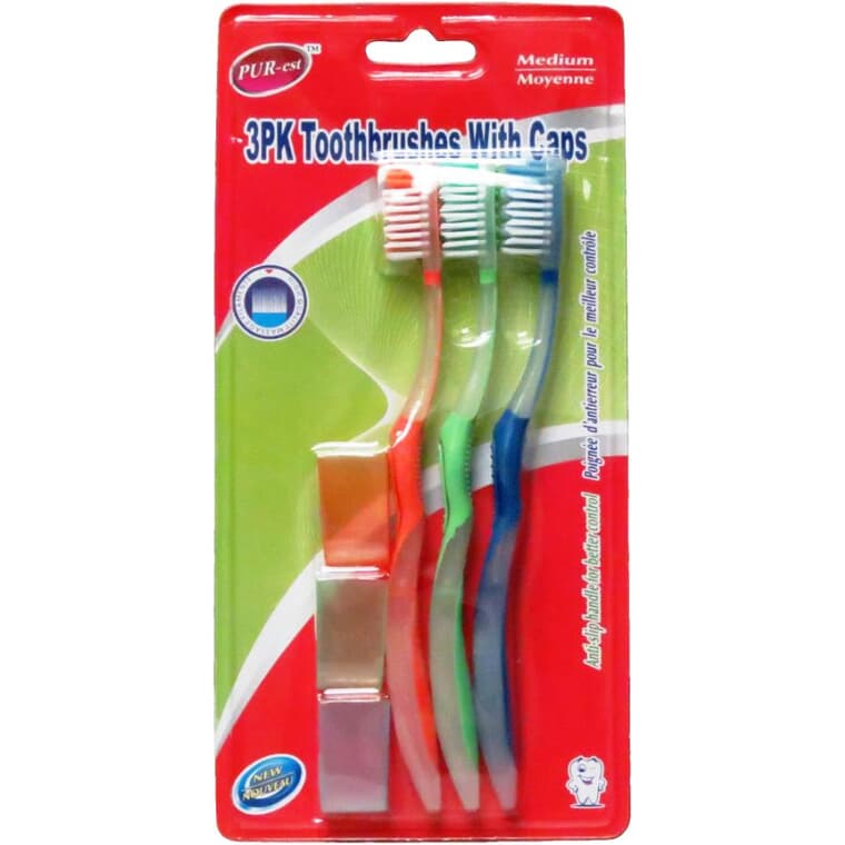 Toothbrushes - with Travel Guard Caps, 3 Pack