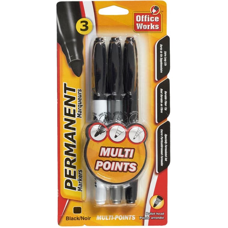 Multi Point Tips Permanent Markers - Black, 3 Pack