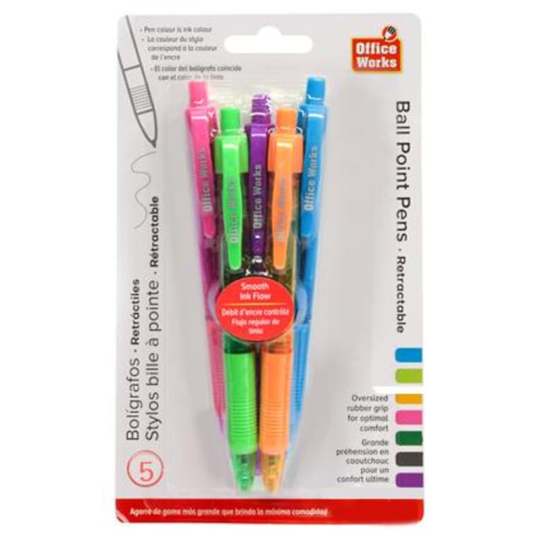 Click Ball Point Pens - with Rubber Grip, 5 Pack