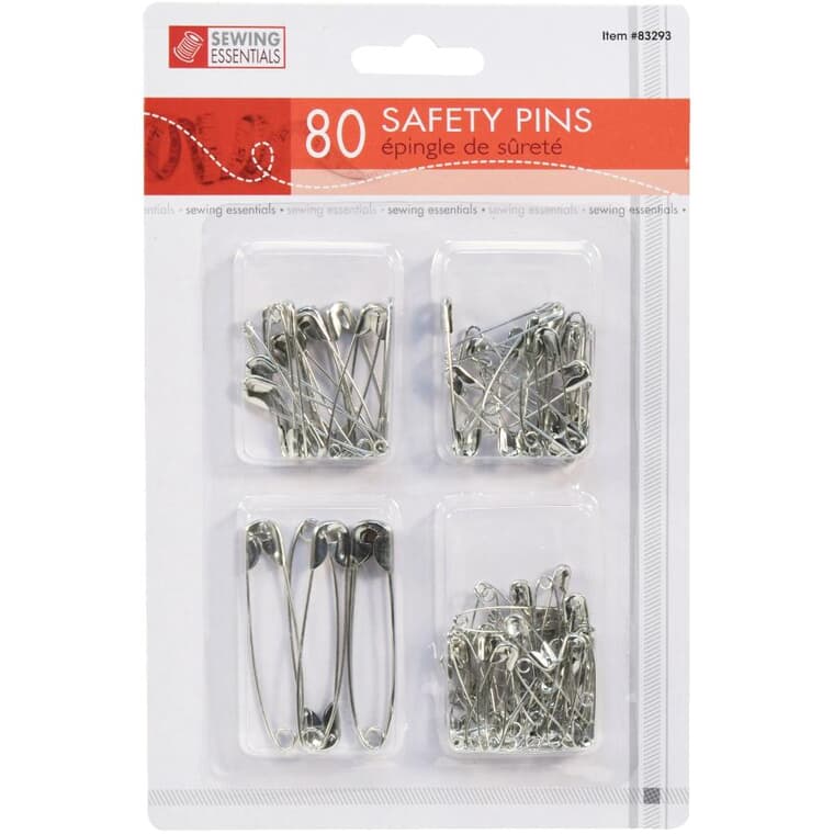 Metal Safety Pins - Assorted Sizes, 80 Pack
