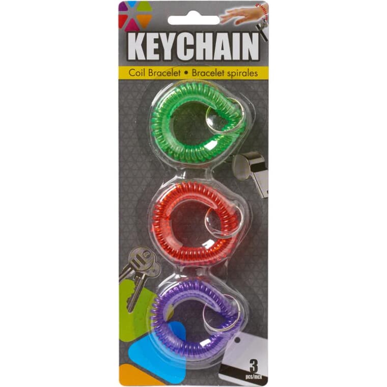 Paquet de 3 bracelets spiralés en PVC avec porte-clés, couleurs variées