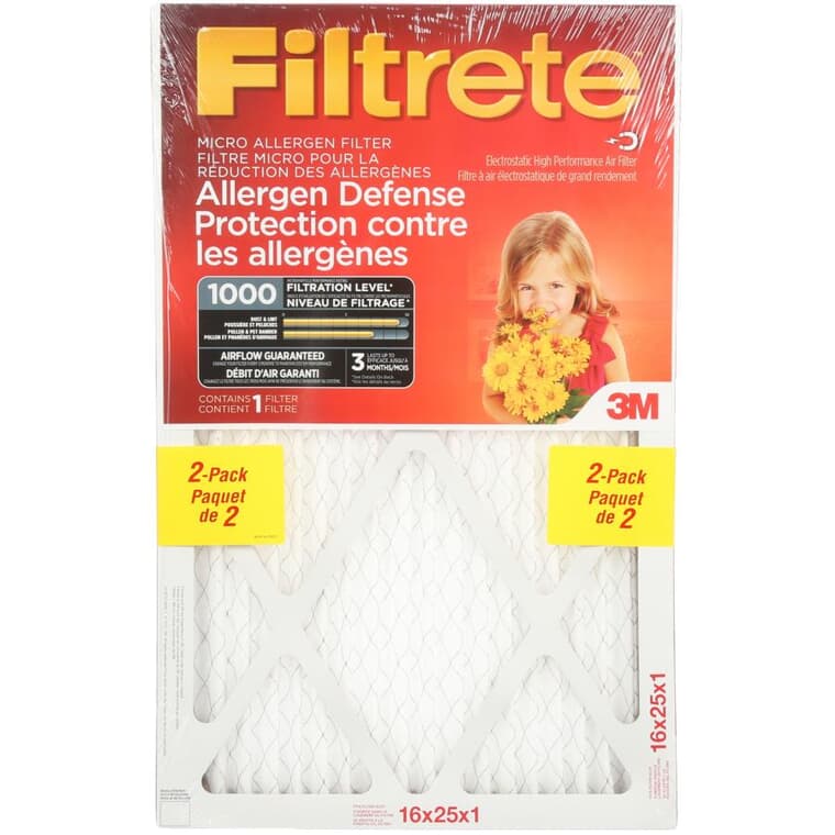 Filtres micro contre les allergènes pour fournaise, 1 x 16 x 25 po, paquet de 2