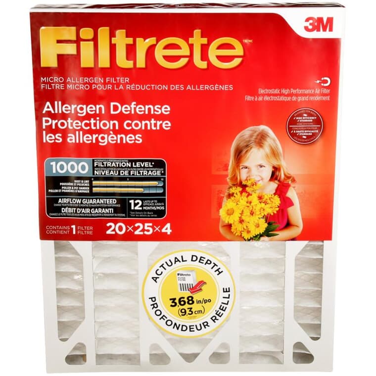 Filtre micro à plis profonds pour fournaise pour la protection contre les allergènes, 4" x 20" x 25" (mince)
