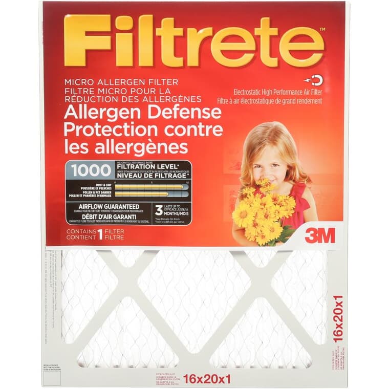 Filtre micro pour fournaise pour la protection contre les allergènes, 16 x 20 x 1 po