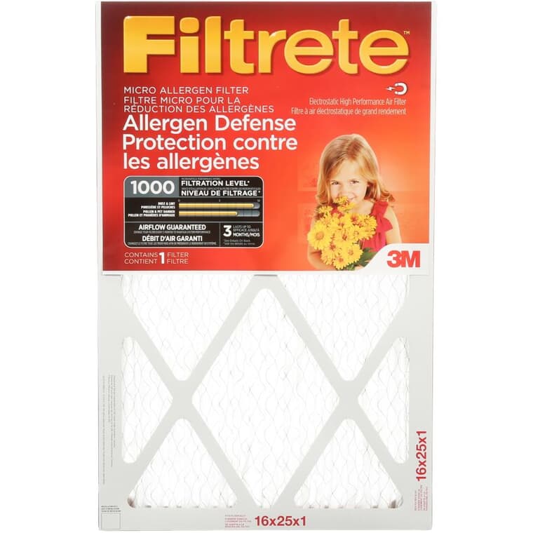 Filtre micro pour fournaise pour la protection contre les allergènes, 16 x 25 x 1 po