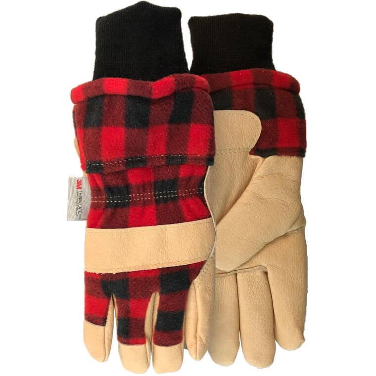 Ladies Full Grain Leather Lined Winter Gloves - Small, Red Plaid