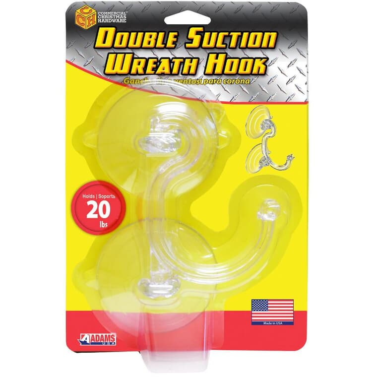 Double Suction Wreath Hook - for up to 20 lb, Clear + Plastic