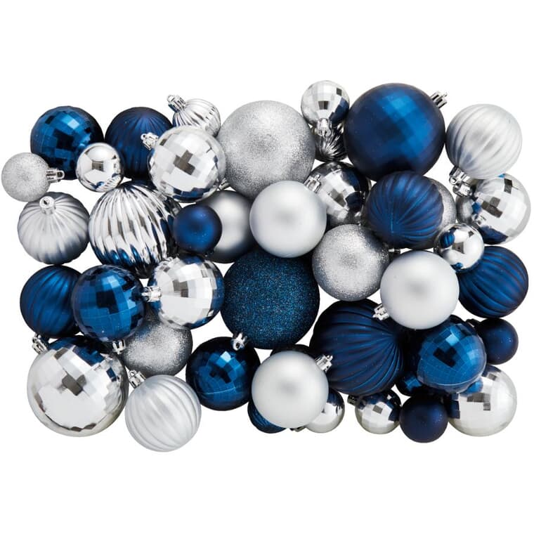 50 Pack Plastic Ornaments - Blue/Silver