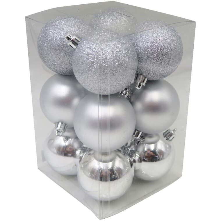 12 Pack 60mm Plastic Ornaments - Silver