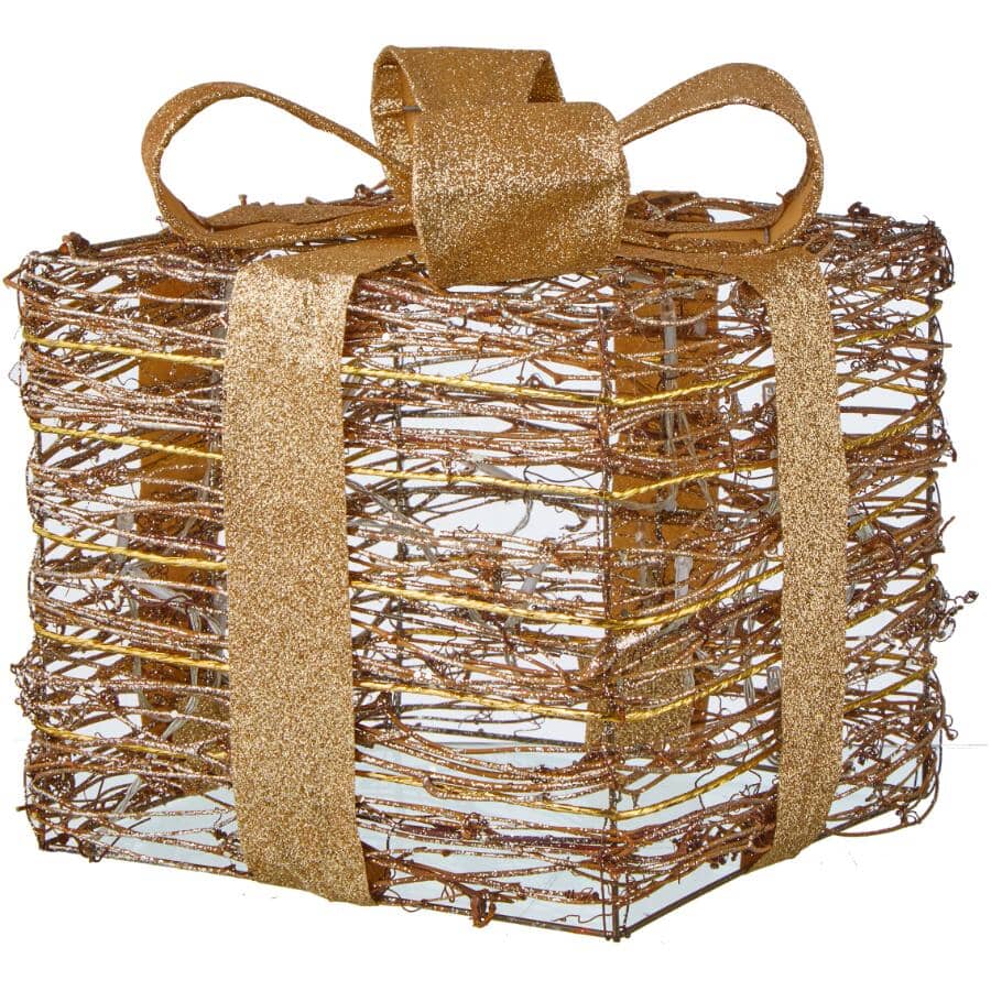FUSION:8" Rattan Present Tabletop Decor - with Gold Ribbon & Bow, Battery Operated