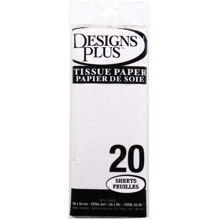 Paquet de 20 feuilles de papier de soie de 20 po x 20 po, blanc