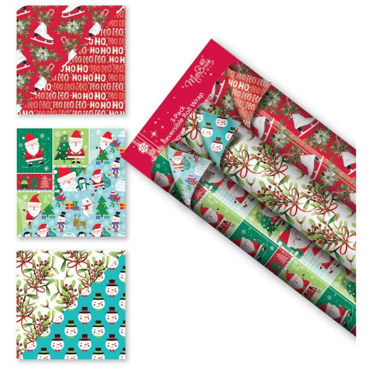 3 Pack 30" x 90" Reversible Gift Wrap Rolls