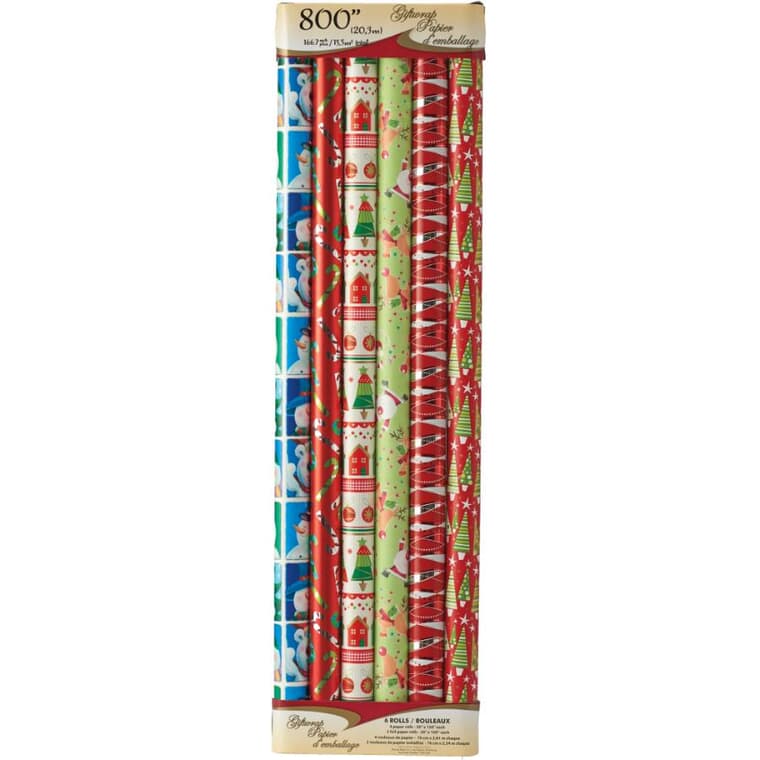30" Foil Gift Wrap - 6 Pack, Assorted Designs and Lengths