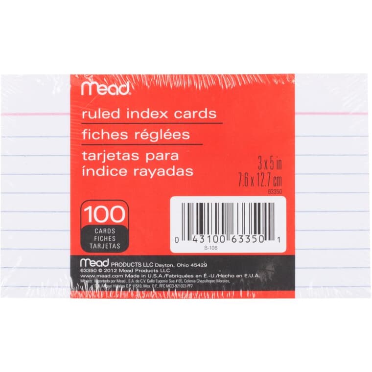 Ruled Index Cards - 3" x 5", 100 Pack