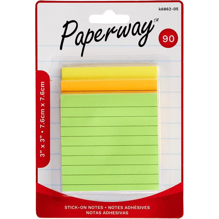Lined Sticky Note Pads - Neon, 3" x 3", 3 Pack