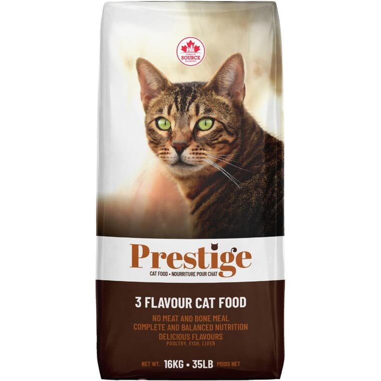 Nourriture sèche pour chat Prestige 3 saveurs, 16 kg