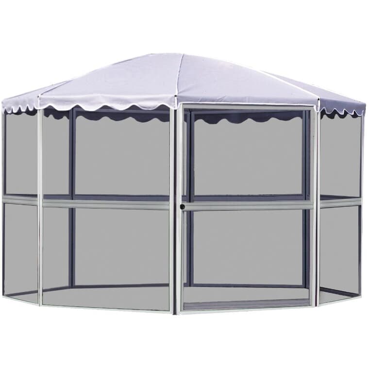 Abri moustiquaire rond à 8 côtés, blanc avec toit gris, 90 pieds carrés