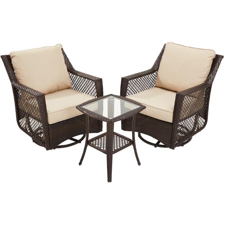 Brown Wicker Swivel Chat Set - with Cushions, 3 Piece