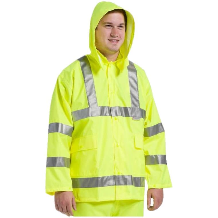 Men's High Visibility Polyester Rain Jacket - Extra Large, Fluorescent Green