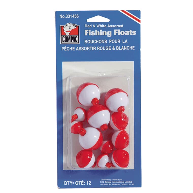 Paquet de 12 flotteurs en plastique pour la pêche, rouge/blanc, formats variés