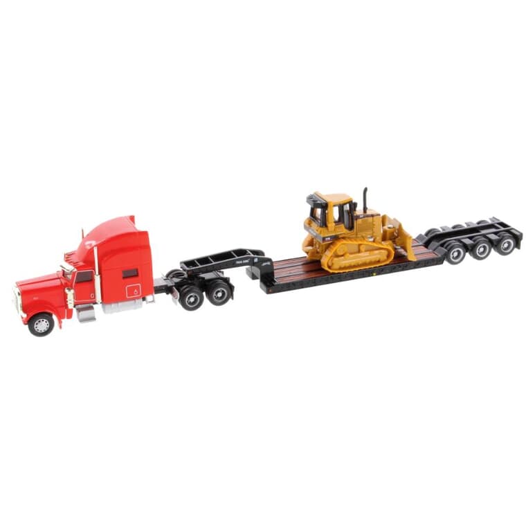 CAT Metal Contruction Vehicle with Lowboy Trailer - 1:87 Scale, Assorted