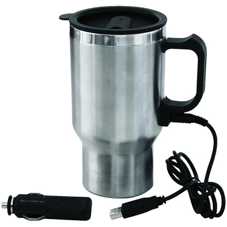 12V/USB Heated Stainless Steel Coffee Mug - 420 ml
