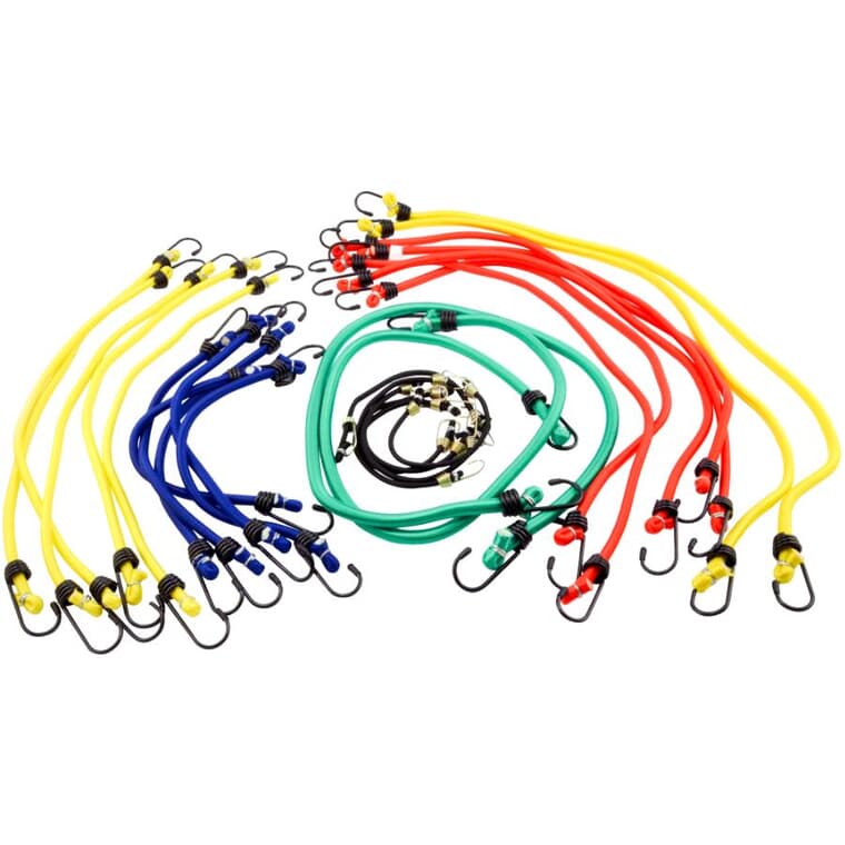 Bungee Cords - Assorted Sizes + Colours, 25 Pieces